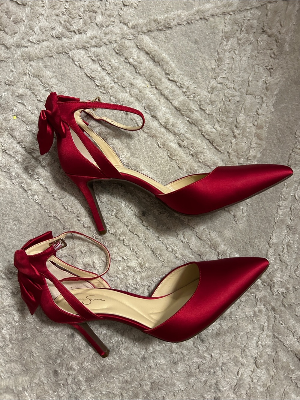 Jessica Simpson Red Satin Pointed-Toe Ankle-Tie Heels